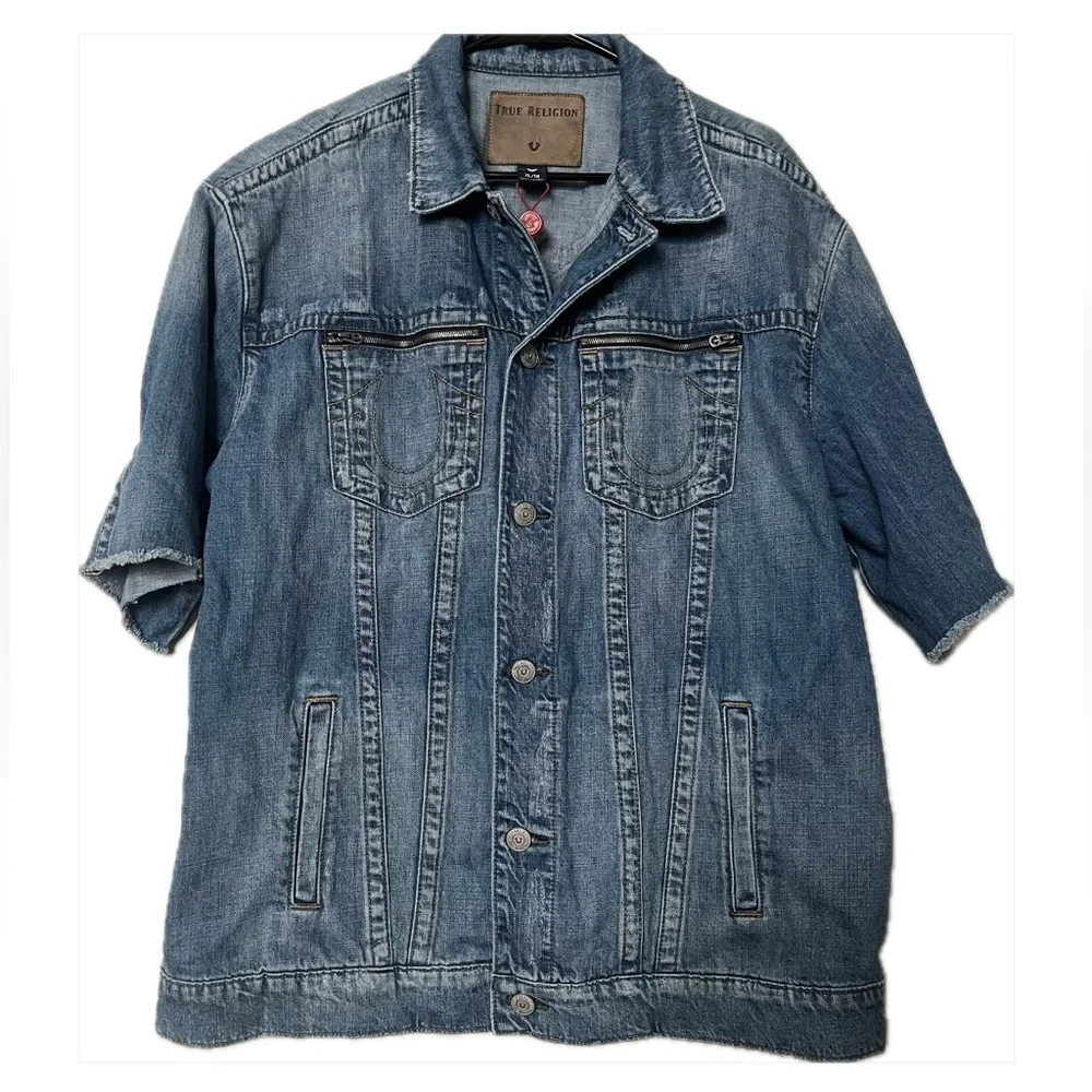 True Religion Blue Denim Turner Jacket Short Sleeve Sz XL NWOT